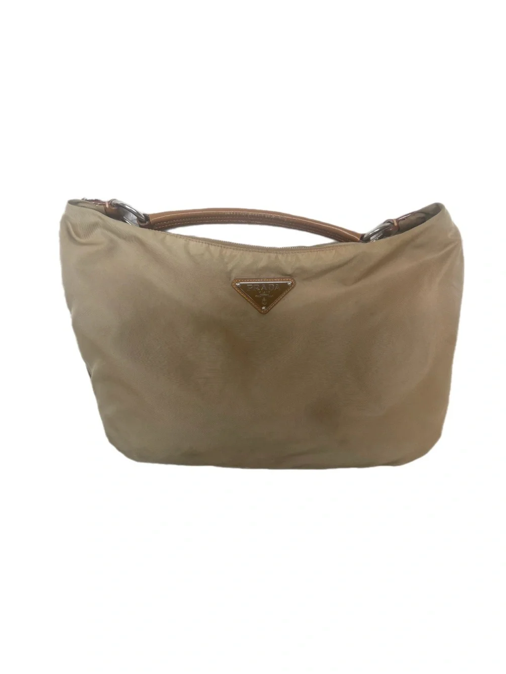 Vintage Prada Tessuto hobo bag crafted from beige/khaki nylon with leather strap